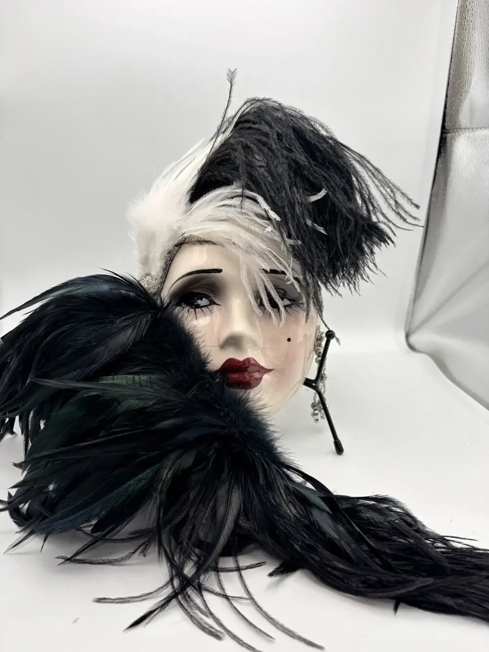 Unique Creations Sign & Number Lady Face Mask Wall Hanging Decor Black Feathers